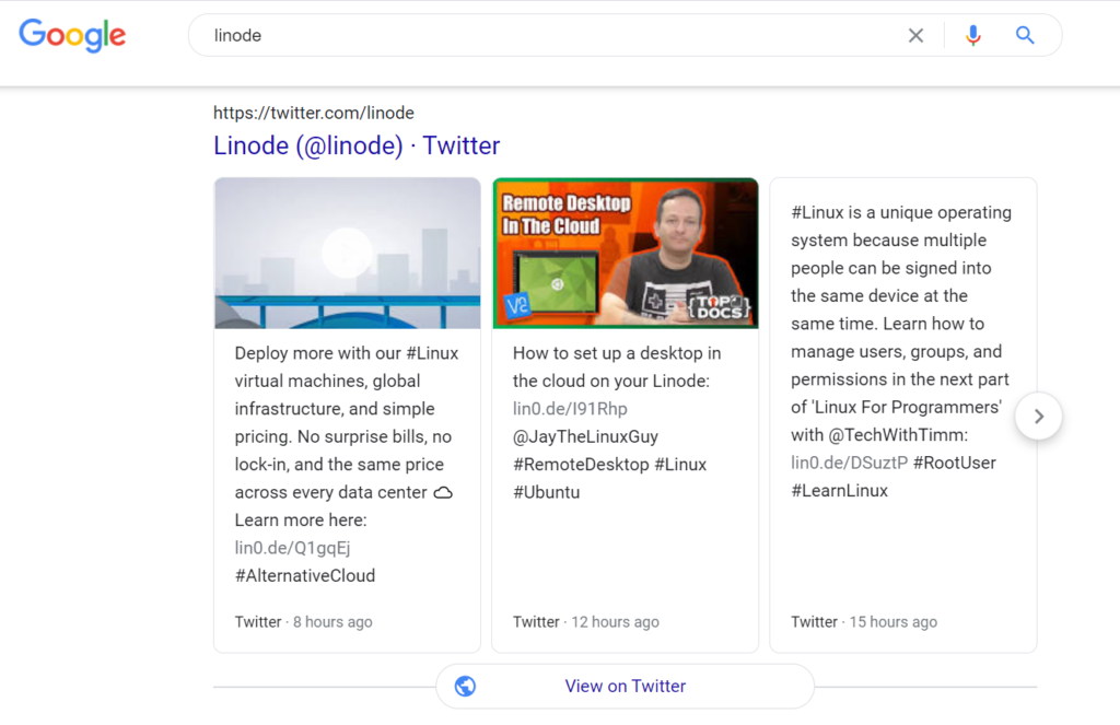 Linode社交媒体页面在Google中的排名