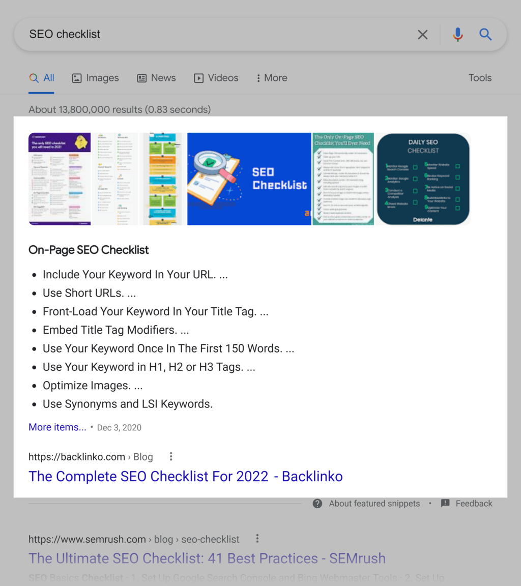 seo checklist关键词谷歌搜索结果