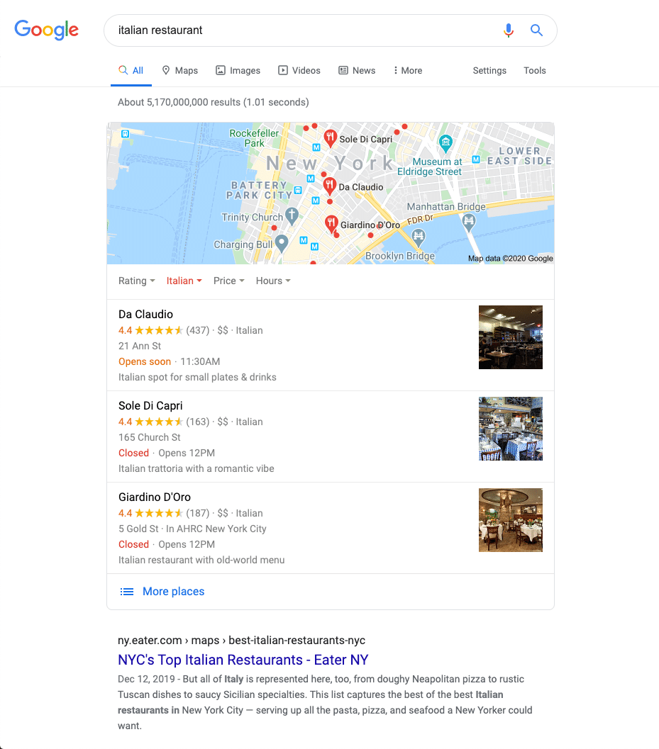 Google针对“意大利餐厅”的本地搜索结果展示