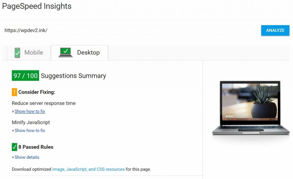 浏览器缓存警告修复后的PageSpeed Insights评分